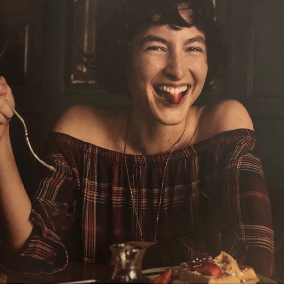 Cloth & Stone for Anthropologie Red Plaid Off Shoulder Top Shirt Blouse Small S - Picture 4 of 5